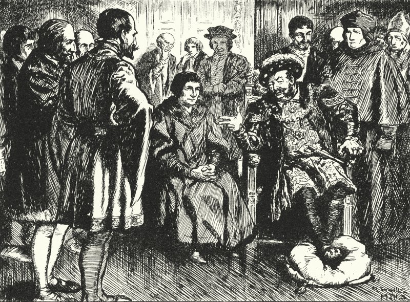 Sir Thomas More vid Henry VIII:s hov, som motsätter sig kungens försök att få honom att säga något för att roa honom av Alfred Wallis Mills