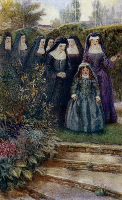 Den unga Marie-Angelique Arnauld går i klosterträdgården med sina nunnor av Alfred Wallis Mills