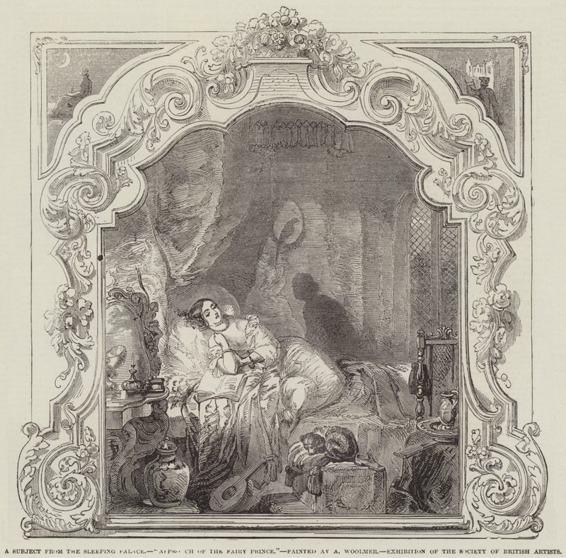 Ett ämne från det sovande palatset, Fairy Princes närmande, utställning av Society of British Artists av Alfred Woolmer