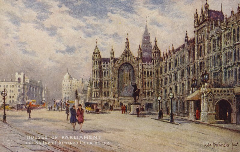 Houses of Parliament och statyn av Richard Coeur de Lion av Alfred de Breanski