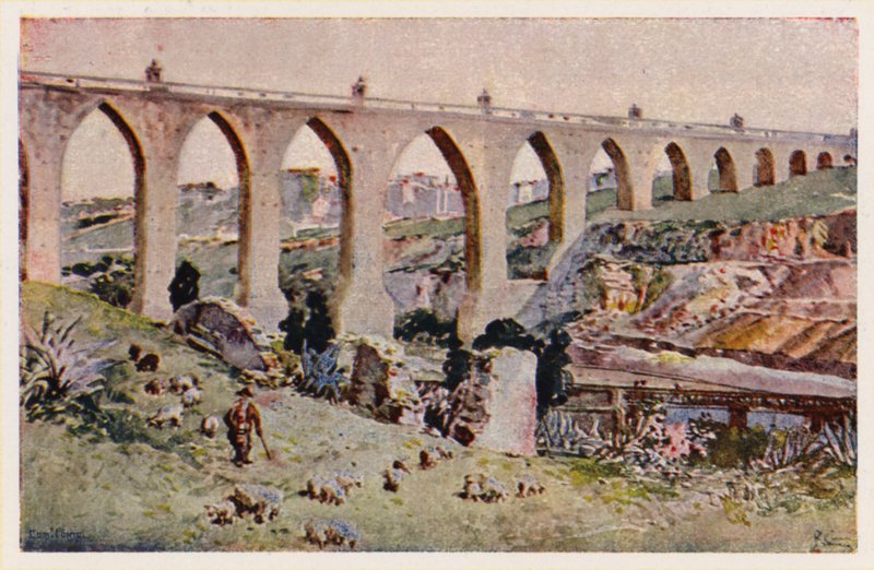 Aques Livres Aqueduct, Lissabon (färglitografi) av Alfredo Roque Gameiro