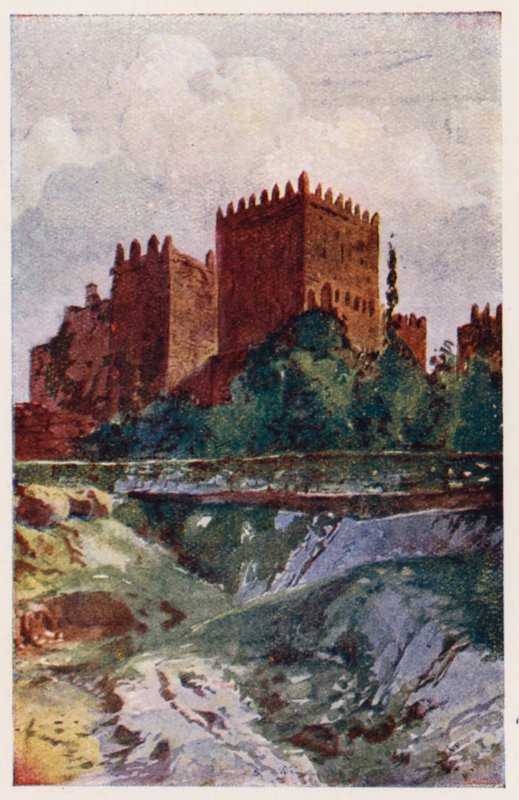 Slottet i Guimaraes, Portugal (färglitografi) av Alfredo Roque Gameiro
