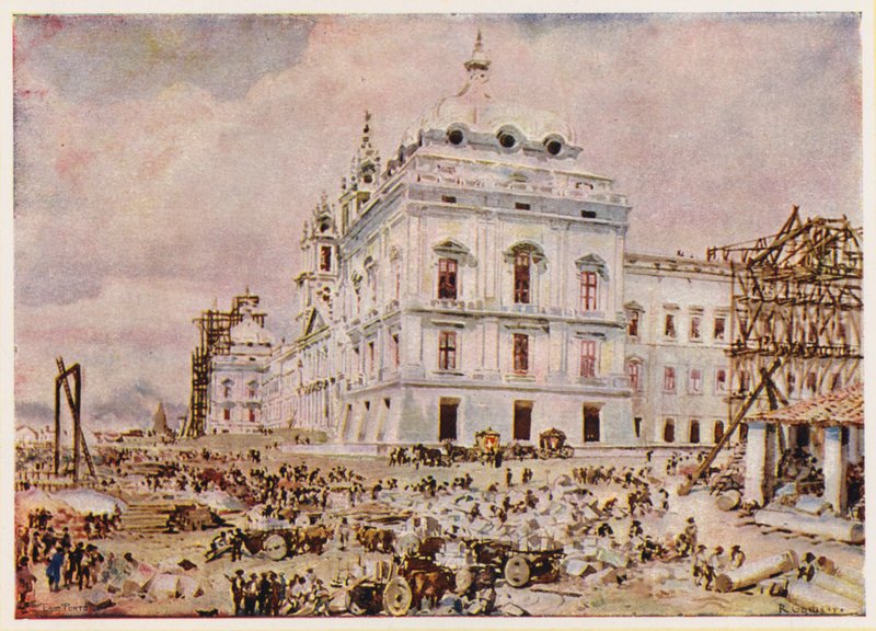 Byggandet av palats-klostret i Mafra, Portugal (färglitografi) av Alfredo Roque Gameiro