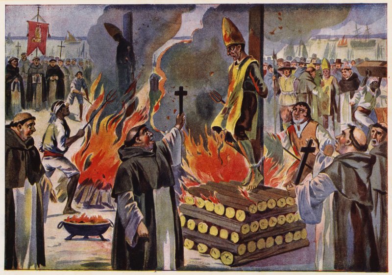 Avrättning genom bränning under den portugisiska inkvisitionen (färglitografi) av Alfredo Roque Gameiro