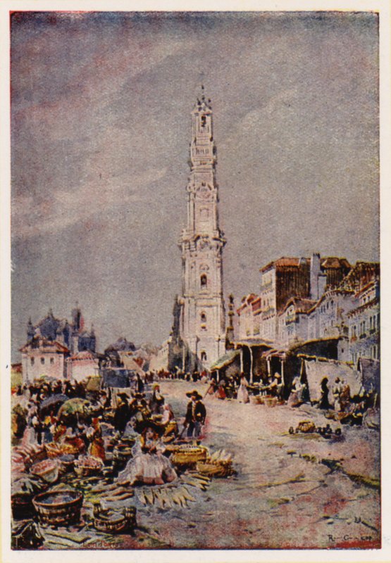 Clerigos Tower, Porto, Portugal (färglitografi) av Alfredo Roque Gameiro