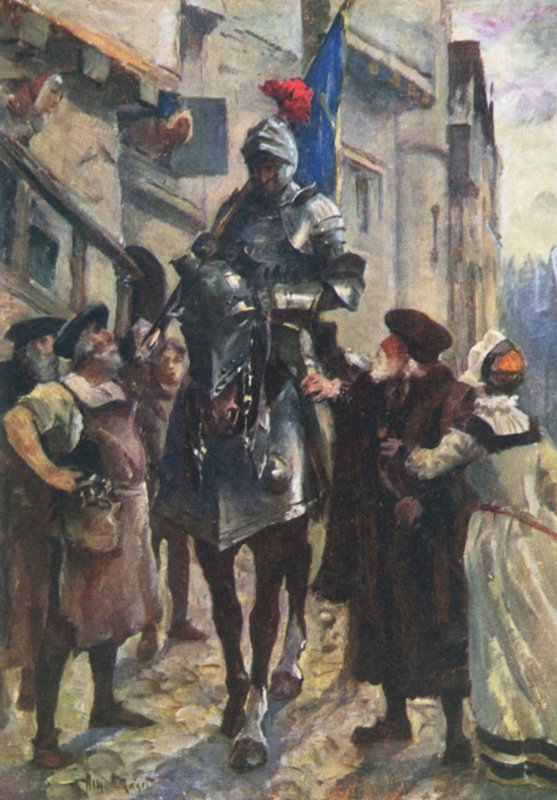 En budbärare från Flodden som för med sig de dåliga nyheterna till Edinburgh (litho i färg) av Allan (after) Stewart