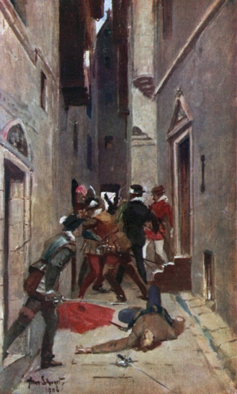 "A Tulzie" på High Street i Edinburgh. Illustration till Tales of a Grandfather av Sir Walter Scott (Werner Laurie, c 1910). av Allan (after) Stewart