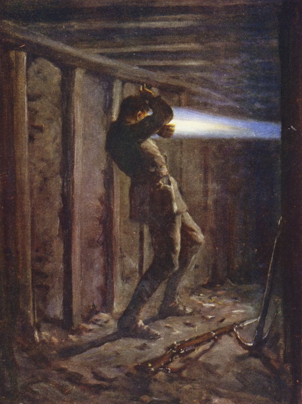 En tunga av blå låga som skjuter ut från fiendens sida av ett gruvgalleri och allvarligt brinnande menig T Bytheway, 20 oktober 1915 (färg litho) av Allan (after) Stewart