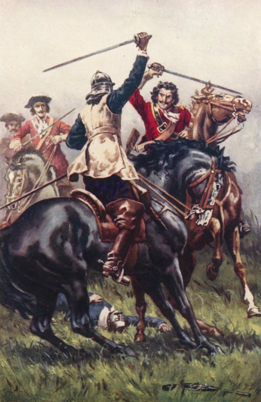 Slåss mellan en Ironside och en Cavalier (färg litho) av Allan (after) Stewart