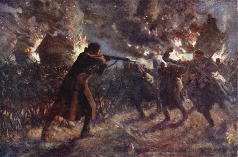 Menig James Meston attackerade, på egen hand, flera av fienden som var på frammarsch efter att ha erövrat ett brittiskt skyttegrav, Första slaget vid Ypres, 31 oktober 1914 (färg litho) av Allan (after) Stewart