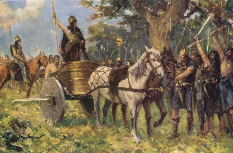 Drottning Boadicea tilltalar britterna (färg litho) av Allan (after) Stewart