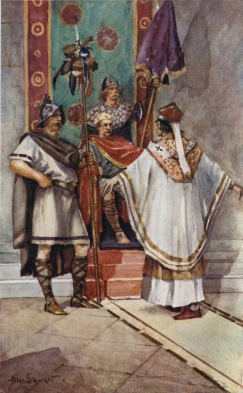 St Paulinus och kung Edwin (färg litho) av Allan (after) Stewart