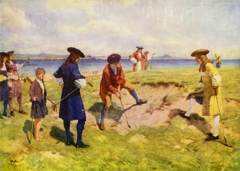 Den första internationella foursomen, golfare på 1600-talet (färg litho) av Allan (after) Stewart