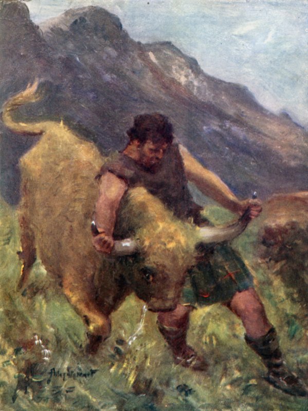 När han brottades med den, lossnade ett av dess horn i hans händer (färg litho) av Allan (after) Stewart