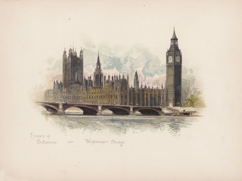 Bekanta London: Houses of Parliament och Westminster Bridge (färglitografi) av Allan F. Barraud