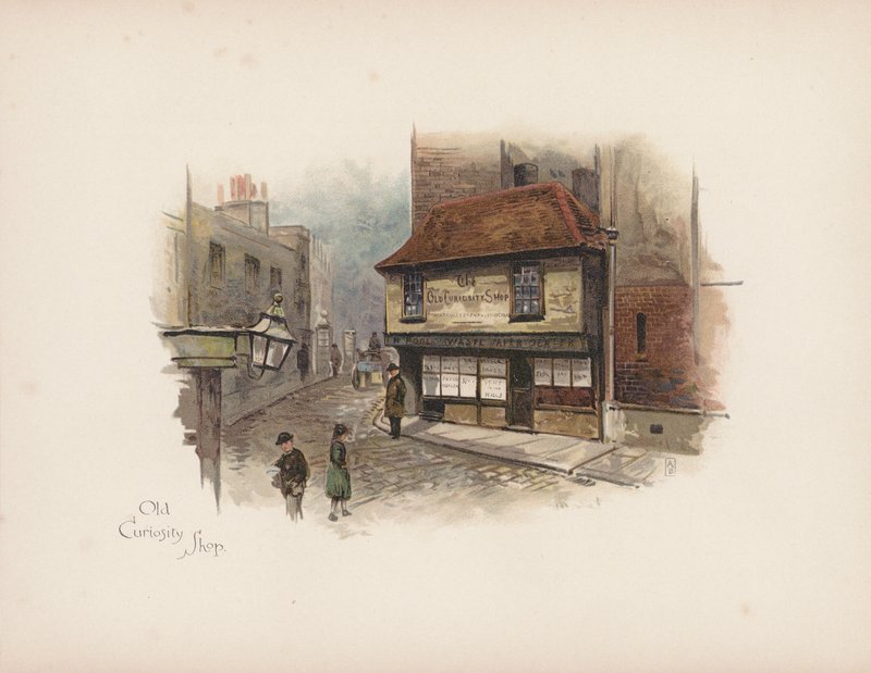 Bekanta London: Old Curiosity Shop (färglitografi) av Allan F. Barraud