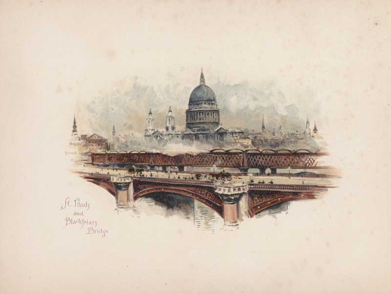 Familjär London: St Pauls och Blackfriars Bridge (färglitografi) av Allan F. Barraud