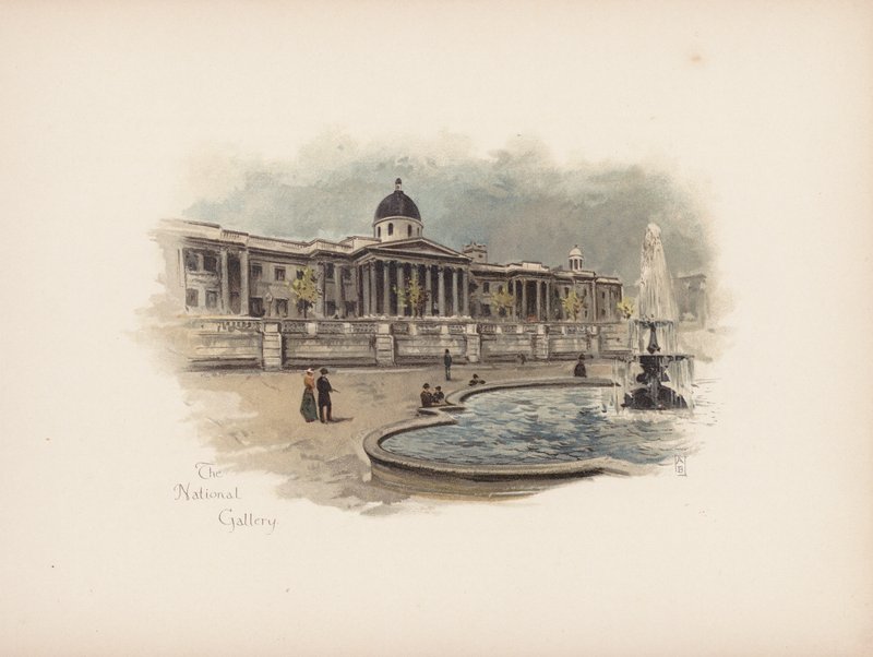 Det välbekanta London: The National Gallery (färglitografi) av Allan F. Barraud