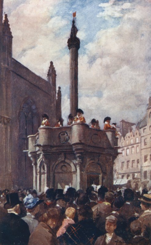 En kunglig proklamation från Mercat Cross (färg litho) av Allan Stewart
