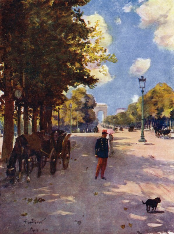 Paris: Champs-Elysees och Triumfbågen (litho i färg) av Allan Stewart