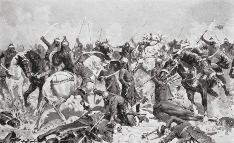 Rajputernas sista strid mot muhammedanerna 1192 e.Kr. (litografi) av Allan Stewart