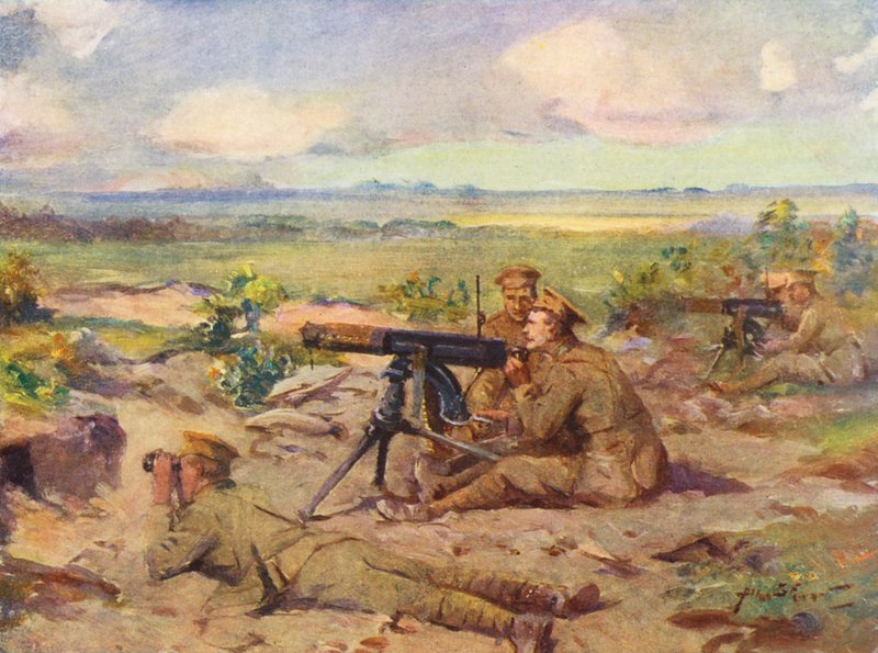 WW1: Maskingevär i aktion (färglitografi) av Allan Stewart