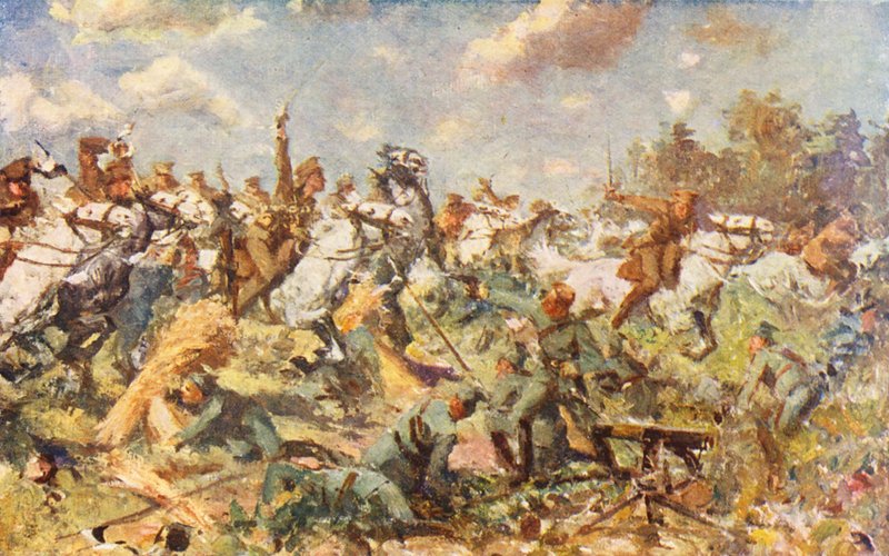 WW1: The Charge of the Scots Greys, augusti 1914 (färglitografi) av Allan Stewart