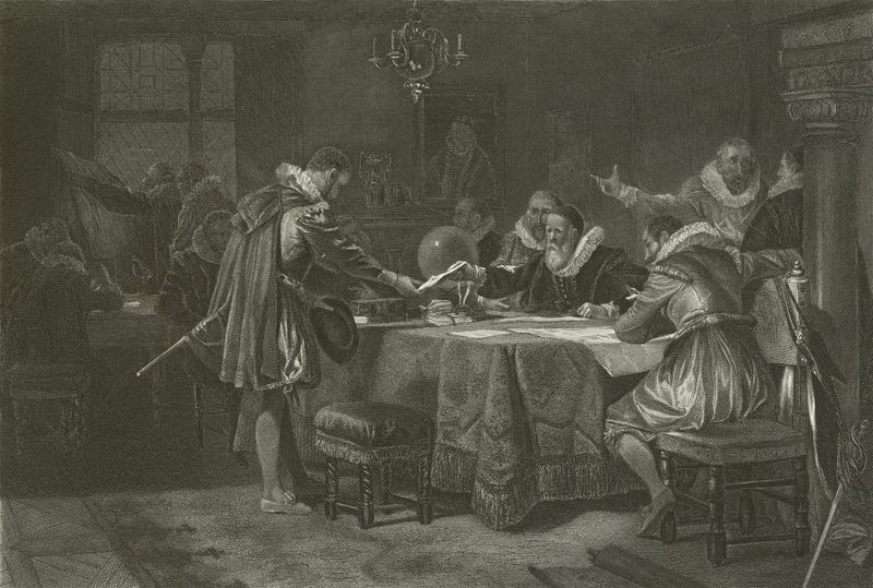 Henry Hudson fick sitt uppdrag från Holländska Ostindiska kompaniet, 1609 av Alonzo Chappel