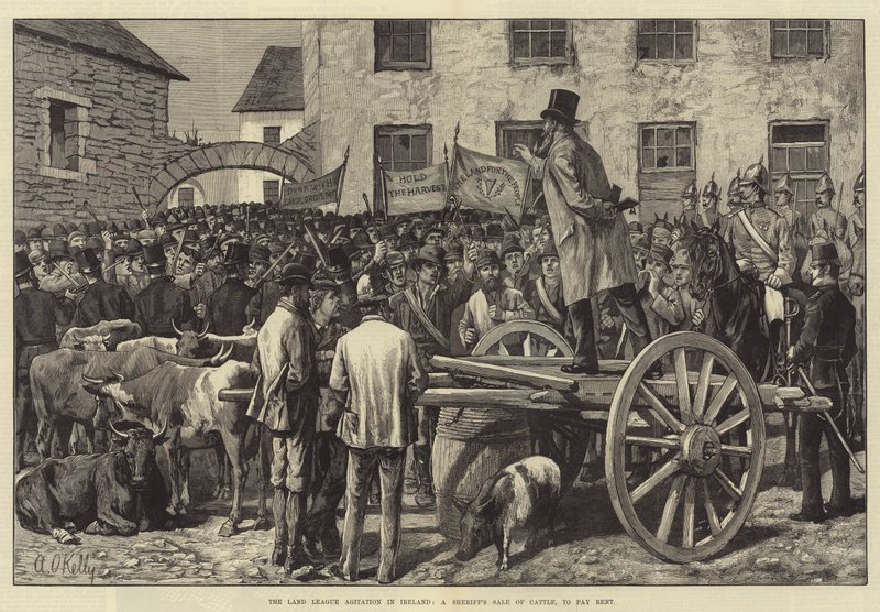 Land League Agitation i Irland, en sheriffs försäljning av boskap, för att betala hyran av Aloysius O