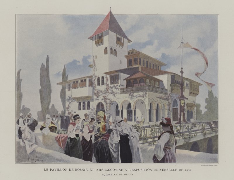 Paviljongen i Bosnien och Hercegovina vid Exposition Universelle 1900, Paris (färg litho) av Alphonse Marie (after) Mucha