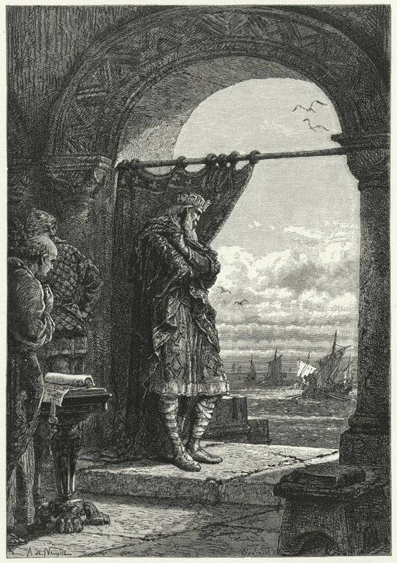 Karl den Store tittar oroligt på närmar sig fartyg som bär normandiska anfallare (gravyr) av Alphonse Marie de (after) Neuville