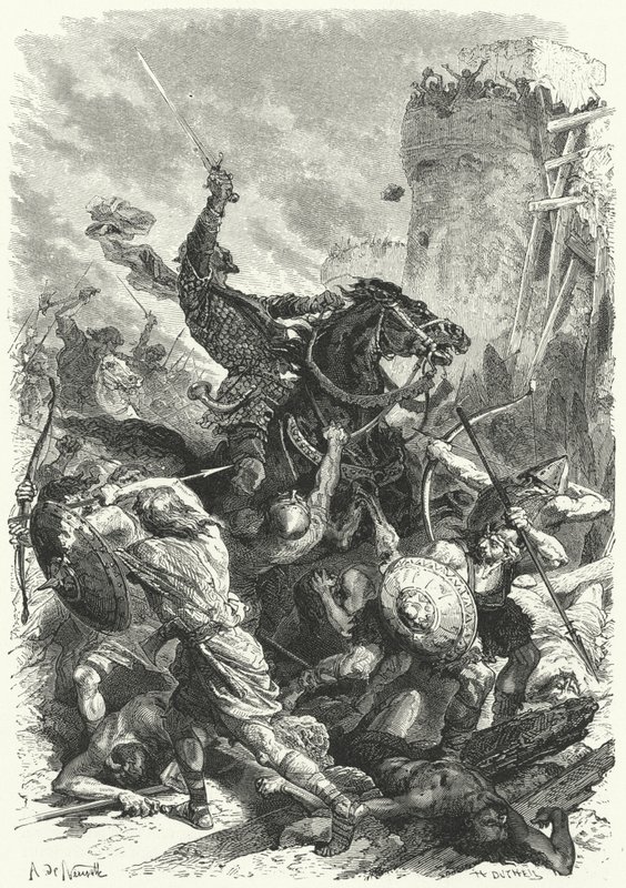 Greve Odo försvarar Paris mot normanderna, 886 (gravyr) av Alphonse Marie de (after) Neuville