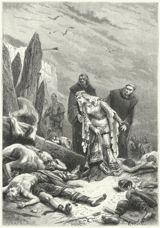 Mässan Edith upptäcker kung Harolds kropp på slagfältet i Hastings av Alphonse Marie de (after) Neuville