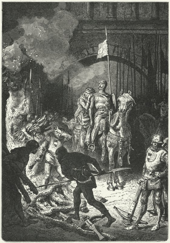 El Cid, tillsammans med sin fru Dona Jimena, övervakar byggandet av begravningsbålet för Ahmed, morisk kung av Valencia av Alphonse Marie de (after) Neuville