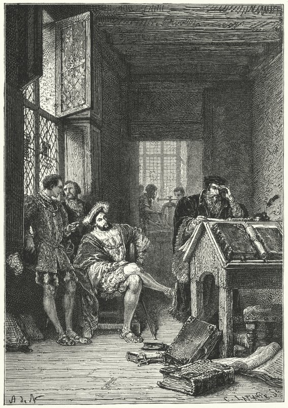 Francis I av Frankrike med tryckaren och forskaren Robert Estienne av Alphonse Marie de (after) Neuville