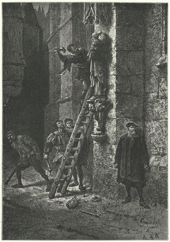 Protestanter förstör en staty av Jungfrun och barnet på Notre Dame, Paris av Alphonse Marie de (after) Neuville