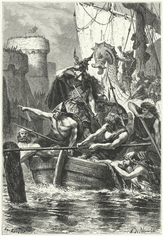 Den normandiska flottan attackerar Paris, 885 (gravyr) av Alphonse Marie de (after) Neuville