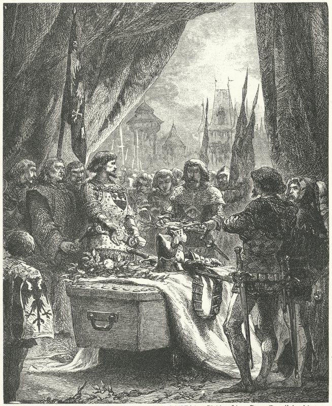 Befälhavaren för Chateauneuf de Randon lägger nycklarna till staden på Bertrand du Guesclins kista av Alphonse Marie de (after) Neuville