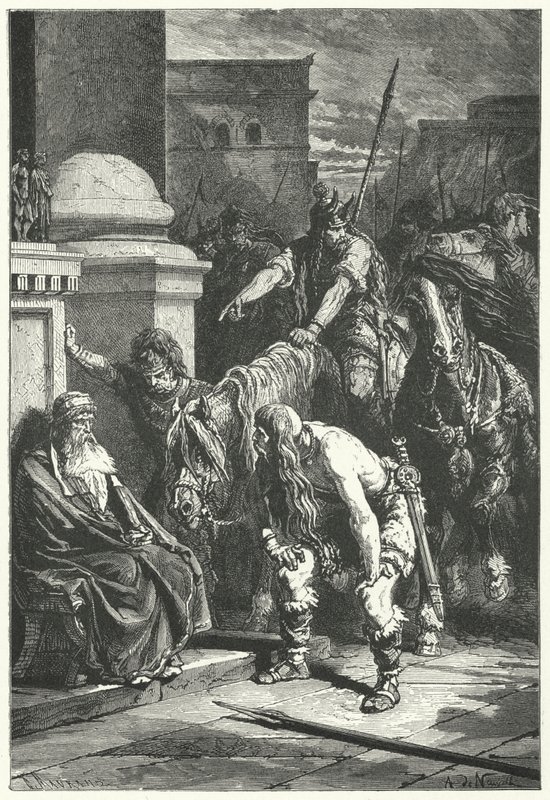 Den romerske konsuln Marcus Papirius död i den galliska säcken av Rom, 387 f.Kr. (gravyr) av Alphonse Marie de (after) Neuville