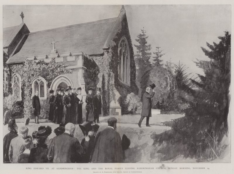 Kung Edward VII på Sandringham, kungen och kungafamiljen lämnar Sandringham Church, söndag morgon den 24 november av Amedee Forestier