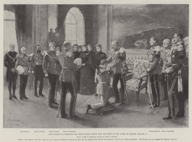 Kung Edward VII ger den tyska kronprinsen Strumpebandsorden till Osborne, 28 januari av Amedee Forestier