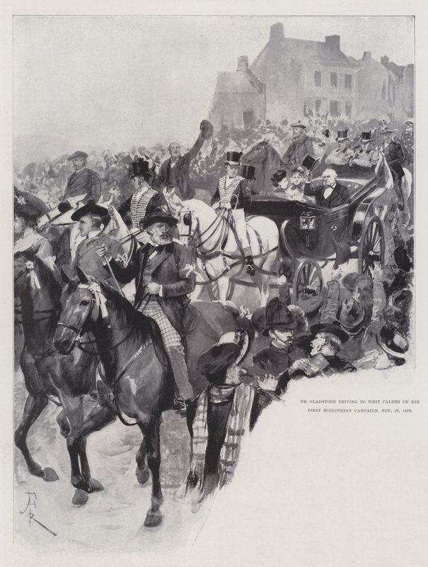 Mr Gladstone körde till West Calder på sin första Midlothian-kampanj, 27 november 1879 av Amedee Forestier