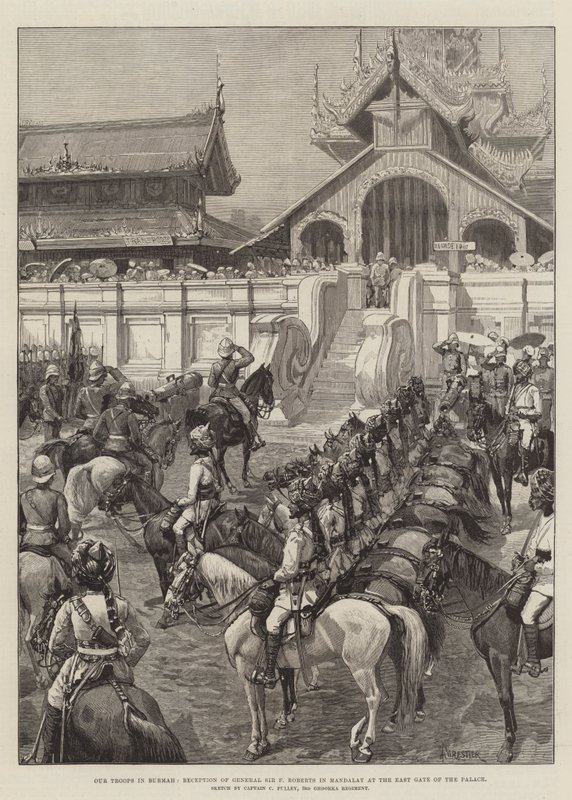 Våra trupper i Burma, mottagande av general Sir F Roberts i Mandalay vid palatsets östra port av Amedee Forestier