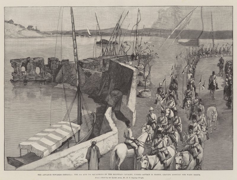 Framryckningen mot Dongola, 5:e och 7:e skvadronerna av det egyptiska kavalleriet, under kapten D Mahon, lämnar Assouan för Wady Halfa av Amedee Forestier