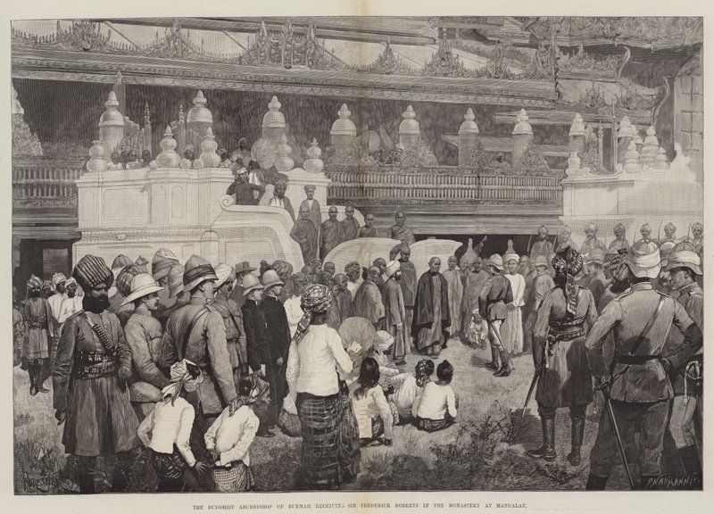 Den buddhistiske ärkebiskopen av Burmah tar emot Sir Frederick Roberts i klostret i Mandalay av Amedee Forestier