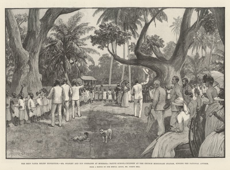 Emin Pashas hjälpexpedition, herr Stanley och hans kamrater i Mombasa, infödda skolbarn vid kyrkans missionsstation, sjunger nationalsången av Amedee Forestier