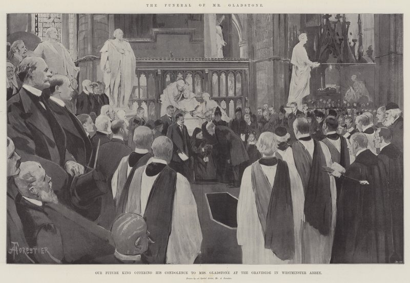 Begravningen av Mr Gladstone, vår framtida kung som framför sitt kondoleans till Mrs Gladstone vid Graveside i Westminster Abbey av Amedee Forestier