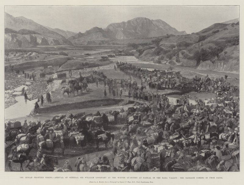 Indian Frontier Rising, General Sir William Lockharts ankomst till vinterkvarteren i Barkai, i Baradalen, bagaget som kommer in från Datoi av Amedee Forestier