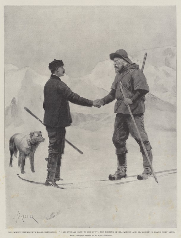 Jackson-Harmsworths polarexpedition, jag är väldigt glad att se dig, mötet mellan Jackson och Dr Nansen i Franz Josef Land av Amedee Forestier