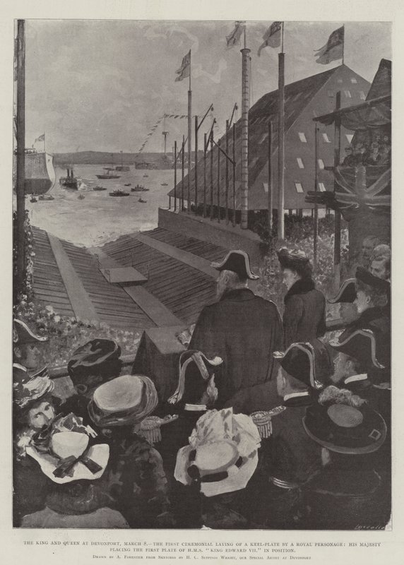 Kungaparet i Devonport den 8 mars, den första ceremoniella läggningen av en kölplatta av en kunglig personlighet, Hans Majestät placerar den första plattan på HMS King Edward VII på plats. av Amedee Forestier